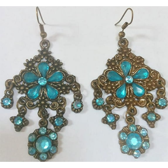 Vintage Style, Princess Jasmine Halloween Costume Accessory, Ear Jewelry, Earrings, Blue Bronze, 1.5" Long New