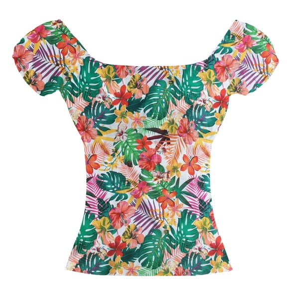 Vintage Style Puff-Sleeves Off The Shoulder Blouse-floral hawaii hibiscus