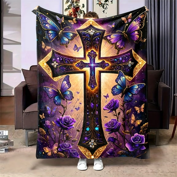 Vintage Style Purple Butterfly Cross Print Flannel Blanket Non-Woven Fabric All-Season Warmth Ideal Gift for Any Occasion
