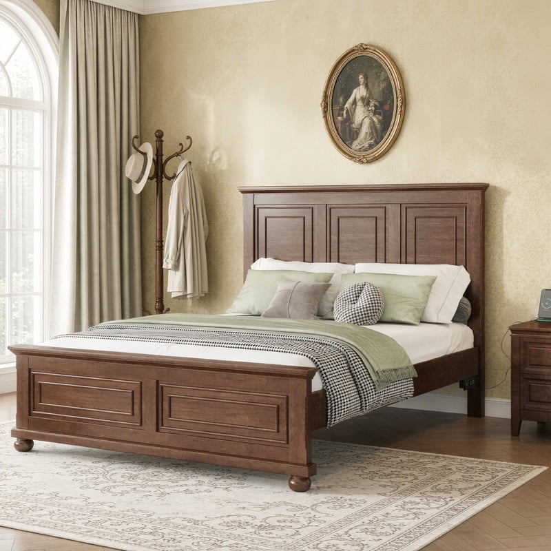 Vintage Style Queen Size Bed Frame with Tall Headboard & Ball-Shaped Legs, Wooden Platform Bed Frame with Charging Station