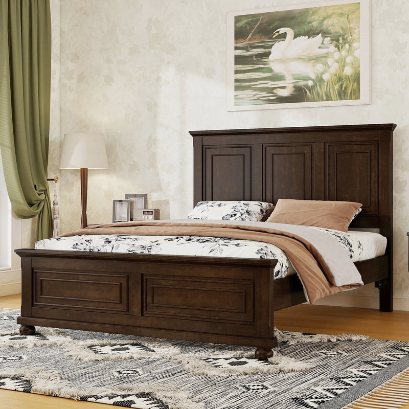 Vintage Style Queen Size Bed Frame with Tall Headboard & Ball-Shaped Legs, Wooden Platform Bed Frame with Charging Station