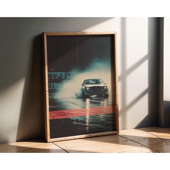 Vintage Style Rally Car Wet Track Art , Night Racing Poster , Living Room Decor , Poster Print Only