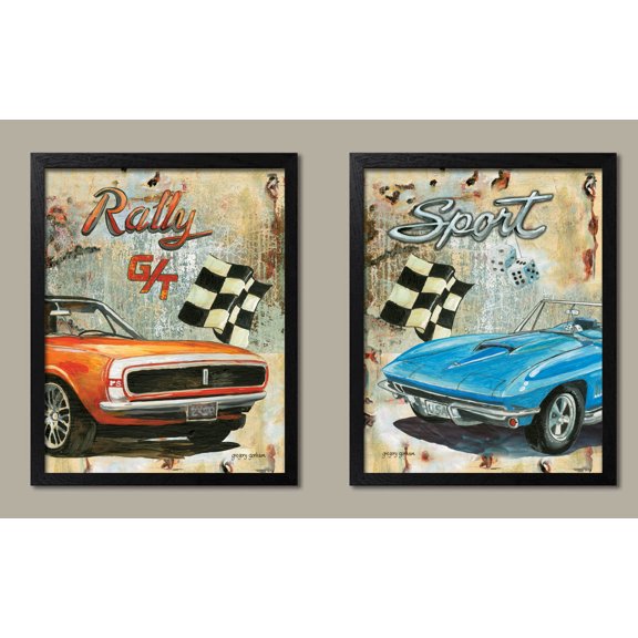 Vintage-Style Rally and Sport Classic Racing Cars by Gregory Gorham; Two 11x14in Black Framed Prints; Ready to hang!