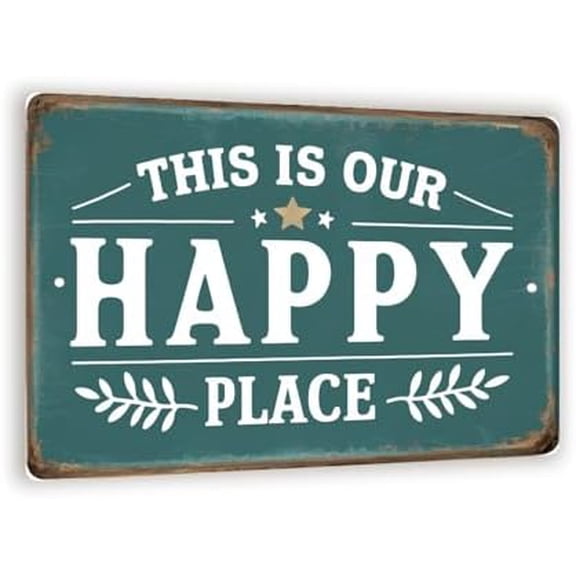 Vintage-Style Rectangular Sign - "This Is Our Happy Place" - Teal Background with Rustic Weathered Look, 8" x 12"