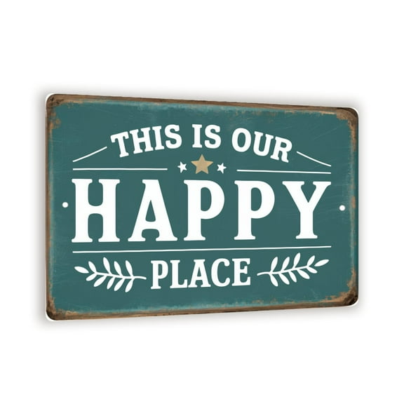 Vintage-Style Rectangular Sign - "This Is Our Happy Place" - Teal Background with Rustic Weathered Look, 8" x 12"