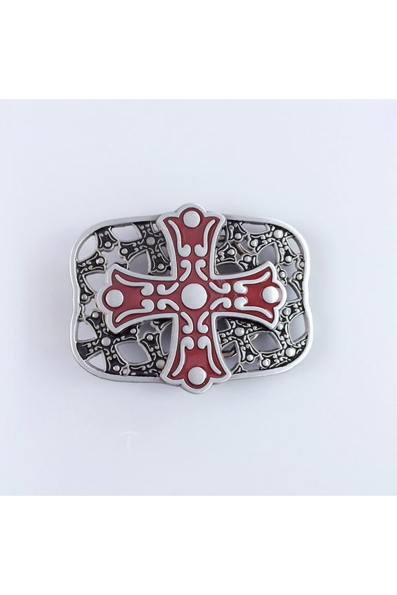 Vintage Style Red Enamel Cross Totem Western Boho Belt Buckle