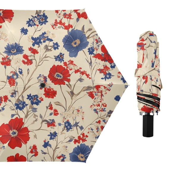 Vintage Style Red White Blue Flowers All Weather Umbrella Triple Folding Parasol 6 Ribs UV Protection Portable