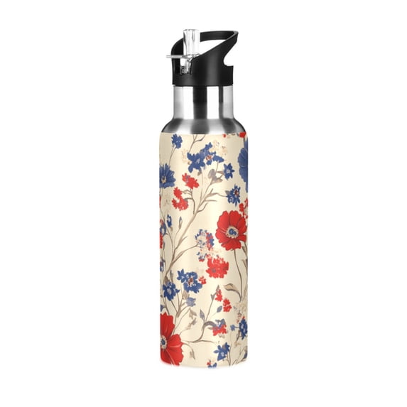 Vintage Style Red White Blue Flowers Sports Bottle with Straw Stainless Steel Water Jug Portable Thermal Cup Leak-proof 1000ML