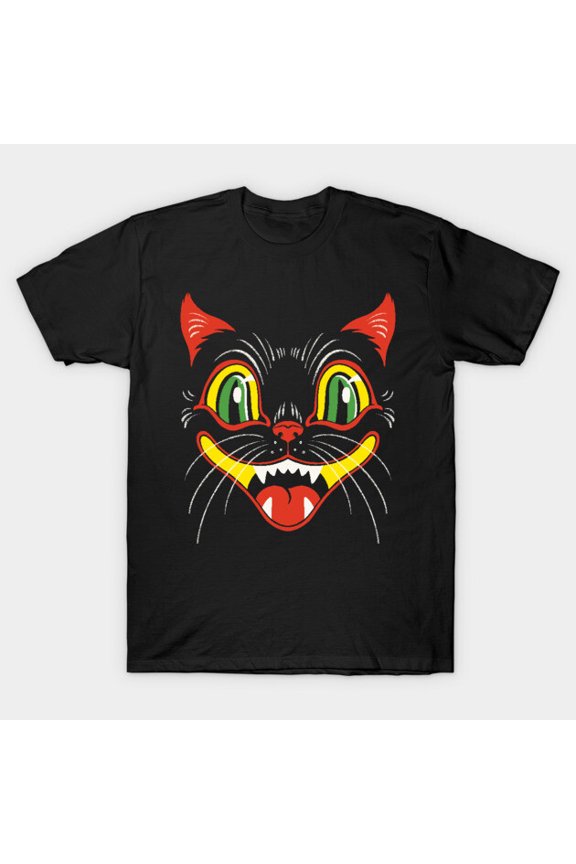 Vintage Style Retro Halloween Smiling Black Cat Face Funny Autumn Fall G4977 T-Shirt, for men and women, Up to Size 5XL