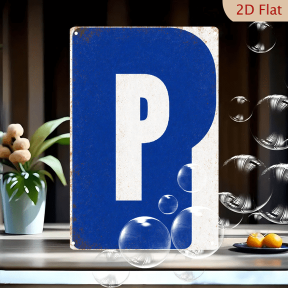 Vintage Style Retro Parking Sign Wall Art, 8x12 Inches Metal Tin Plaque with Blue Background and Bold White P Letter, Industrial Decor for Garage or Home