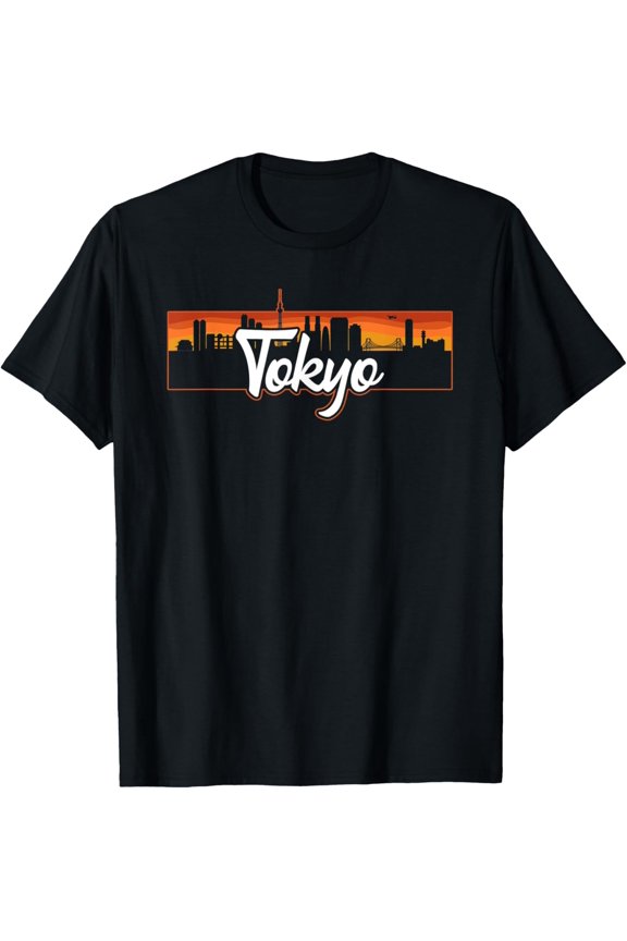 Vintage Style Retro Tokyo Japan Sunset Skyline T-Shirt men and women can wear, black, white, gifts