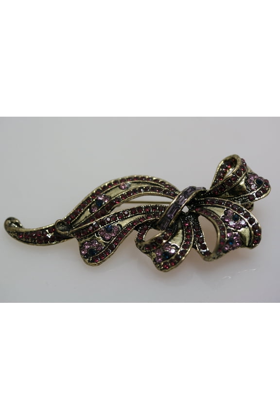 Vintage Style Rhinestone Statement Purple Ribbon Brooch Filigree Crystal Bow Tie Brooch Pin, Wedding Jewelry