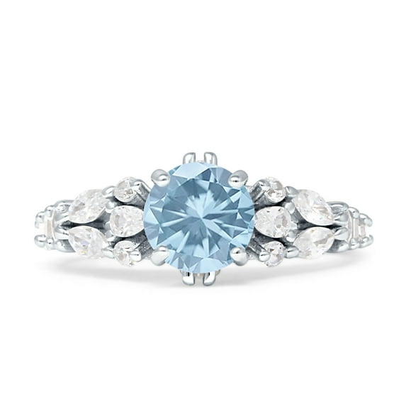 Vintage Style Ring Aquamarine Cubic Zirconia White Tone 925 Sterling Silver, Size 7