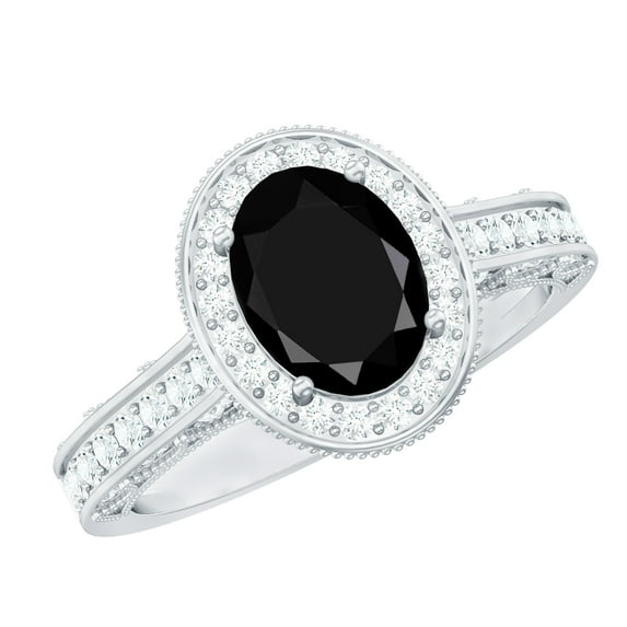 Rosec Jewels Vintage Style Ring for Women - Black Onyx Ring with Diamond Halo (6X8 MM), 10K White Gold, US 8.50