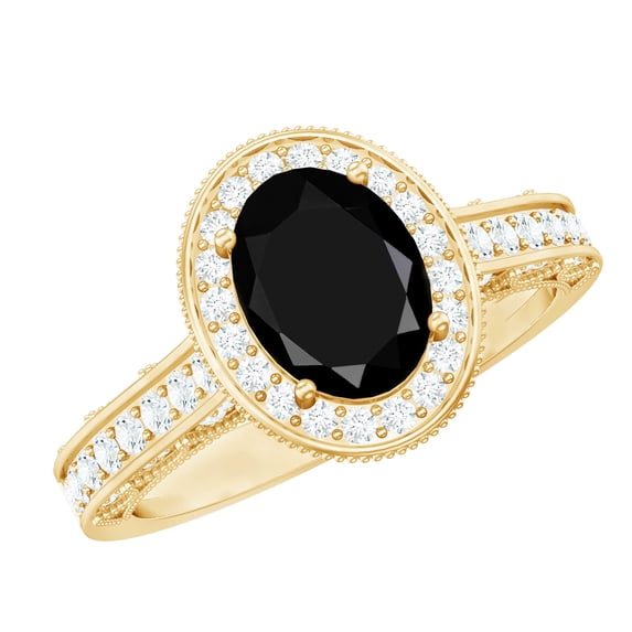 Rosec Jewels Vintage Style Ring for Women - Black Onyx Ring with Diamond Halo (6X8 MM), 10K Yellow Gold, US 7.00
