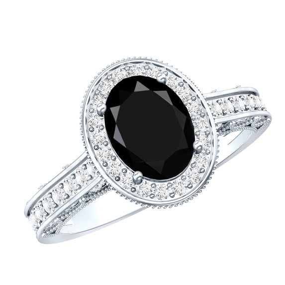 Rosec Jewels Vintage Style Black Onyx Oval Engagement Ring 1 Ct (AAA Grade) - Black Onyx Diamond Ring - with Jewelry Box, 14K White Gold, US 3.00