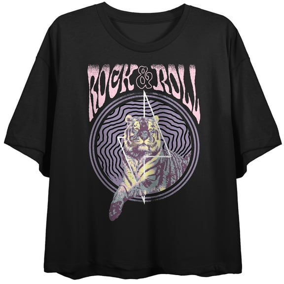 Vintage-Style Rock N Roll Tiger Women's Black Graphic Crop Tee-Medium