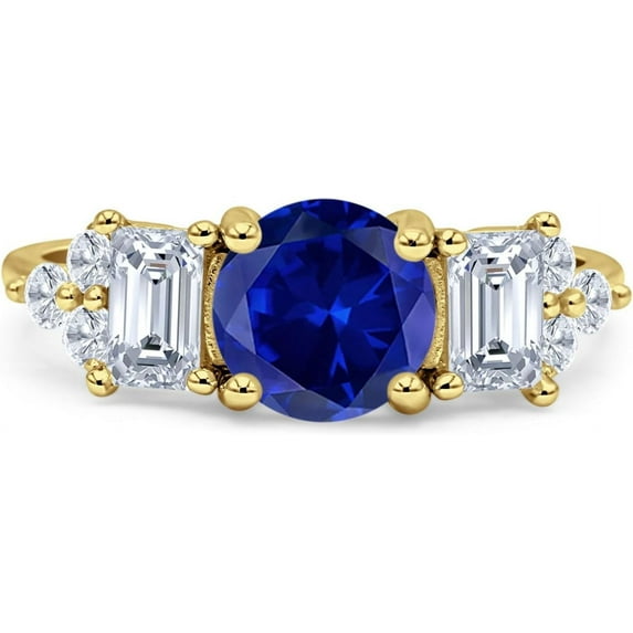 Vintage Style Round Three Stone Ring Blue Sapphire Cubic Zirconia Yellow Tone 925 Sterling Silver, Size 7