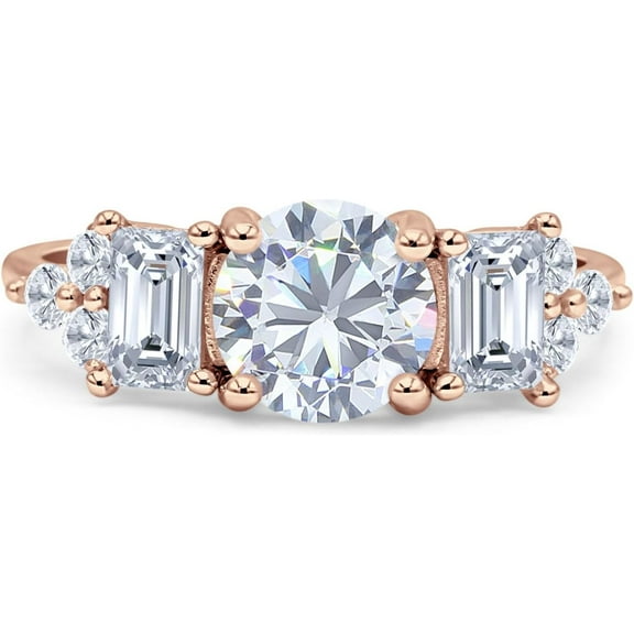 Vintage Style Round Three Stone Ring Cubic Zirconia Rose Tone 925 Sterling Silver, Size 7