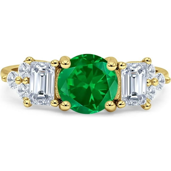 Vintage Style Round Three Stone Ring Green Emerald Cubic Zirconia Yellow Tone 925 Sterling Silver, Size 5