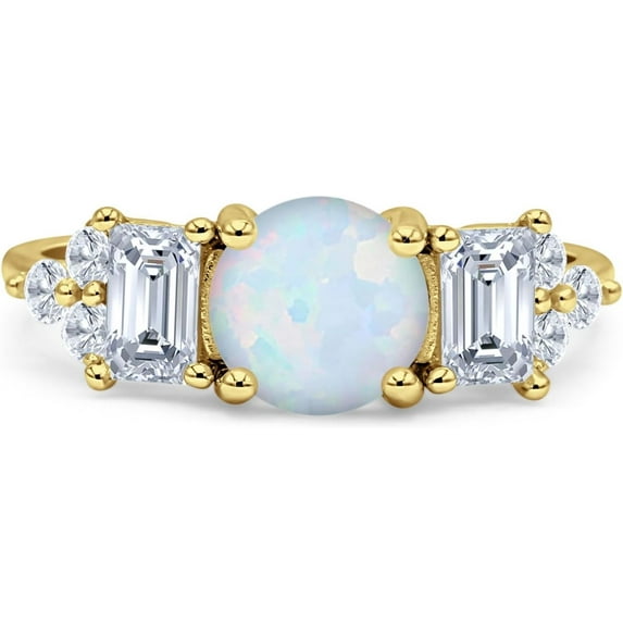 Vintage Style Round Three Stone Ring White Opal Yellow Tone 925 Sterling Silver, Size 9