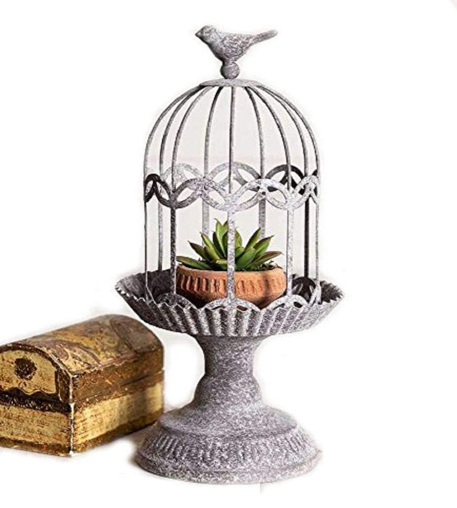 Vintage Gray Metal Songbird Gazebo Cloche with Base