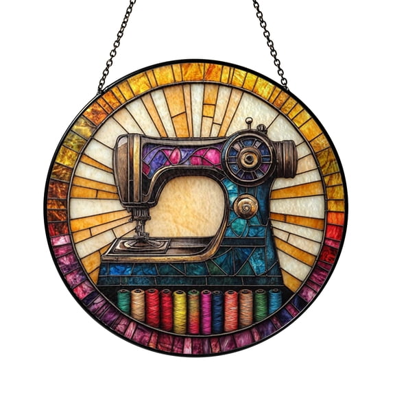 Vintage Style Sewing Machine Stained Glass Window Suncatcher, Quilter Inspired Craft Room Decoration