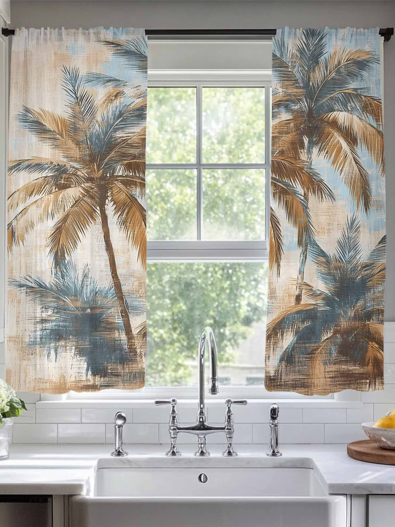 Vintage Style Sheer Curtains 63 Inches Long 2 Panels Abstract Palm Leaf Tropical Plant Light ...