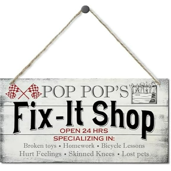 Vintage Style Sign Pop Pop's Fix-It Shop Open 24 Hours. Hanging Wood Sign Home Decorative Printed Wood Wall Art Sign Dad Gift Garage Shop Pop Pop's Gift Grandpa 6x12 Inch
