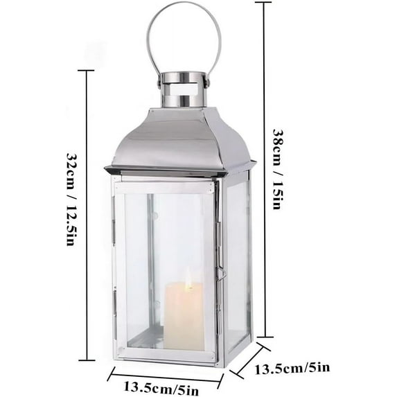 Vintage Style Silver Stainless Steel Candle Lanterns with Tempered Glass for Indoor/Outdoor Events, Parties & Weddings