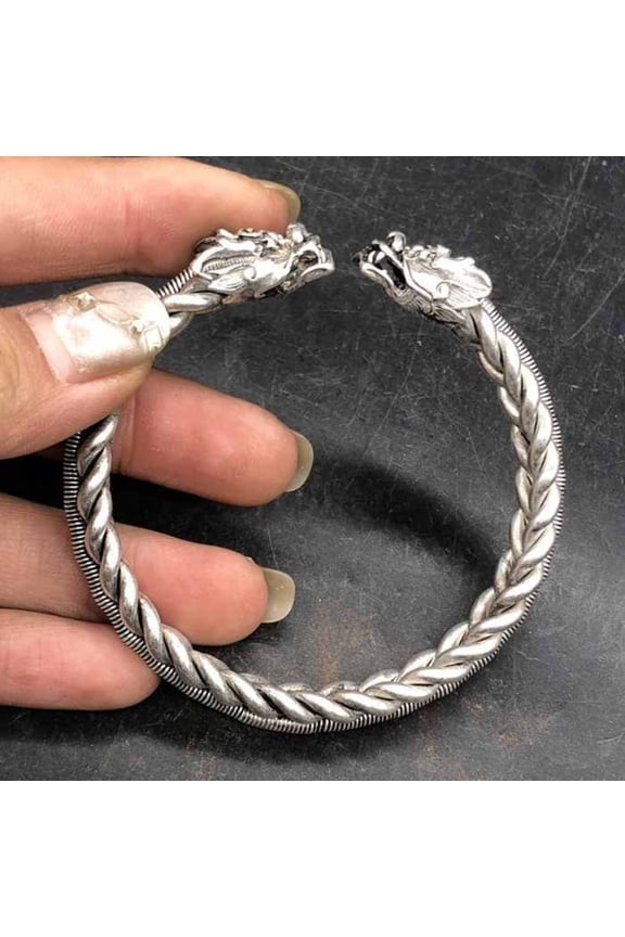Vintage Style Silver Tone Dragon Head Twisted Bangle Handmade Carved Bracelet Adjustable Unisex Jewelry for Men or Women
