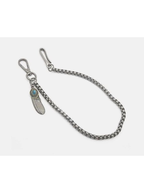 Vintage Style Silver Wallet Box Chain with Feather Charm Turquoise Stone Accent