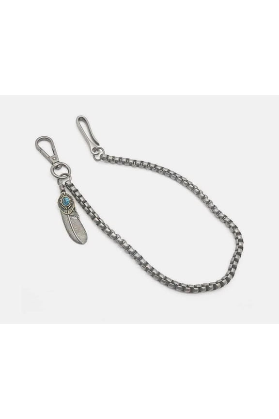 Vintage Style Silver Wallet Box Chain with Feather Charm Turquoise Stone Accent
