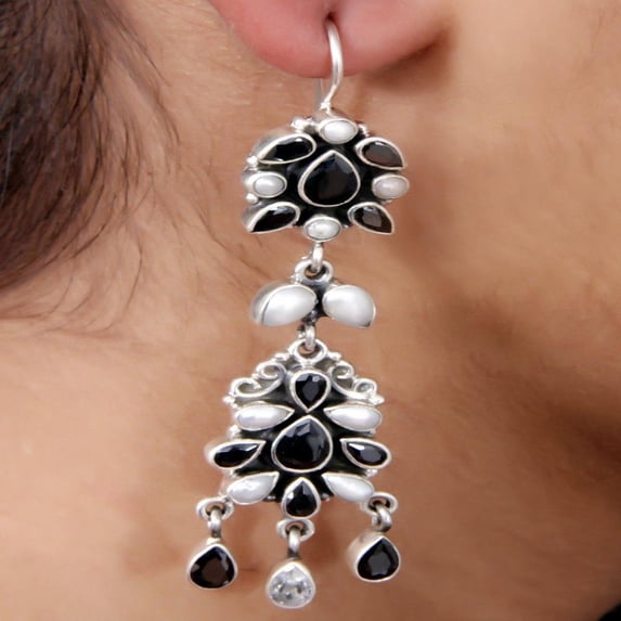 Vintage Style Silver and White Pearl Gemstone Hoop Earrings