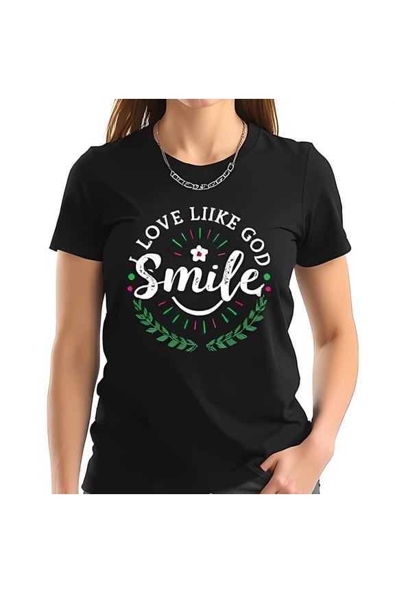 Vintage Style 'Smile' Graphic Cotton Short Sleeve T-Shirt with Green Leaves & Pink Radiating Lines - 'Love Like God' Design