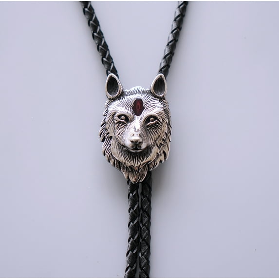 Vintage Style Stainless Steel Red Enamel Wolf Bolo Tie