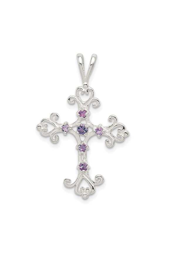 Vintage Style Sterling Silver Cross Pendant Necklace with Purple Amethyst Lavender Gemstone for Men and Women Spiritual Scrollwork Design Faith Jewelry
