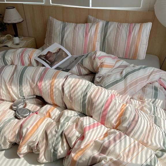 Vintage Style Striped Comforter Set Full Soft 100% Washed Cotton 3-Piece Colorful Vertical Striped Bedding Comforter Set with 2 Pillowcases Retro Multicolor Geometric Bedding Set for All-Season