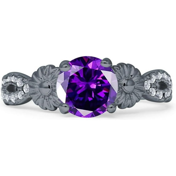 Vintage Style Sunflower Round Amethyst Cubic Zirconia Black Tone 925 Sterling Silver, Size 5