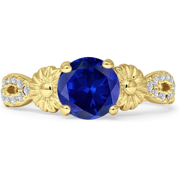 Vintage Style Sunflower Round Blue Sapphire Cubic Zirconia Yellow Tone 925 Sterling Silver, Size 7