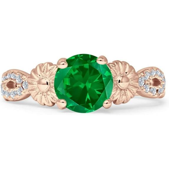 Vintage Style Sunflower Round Green Emerald Cubic Zirconia Rose Tone 925 Sterling Silver, Size 6
