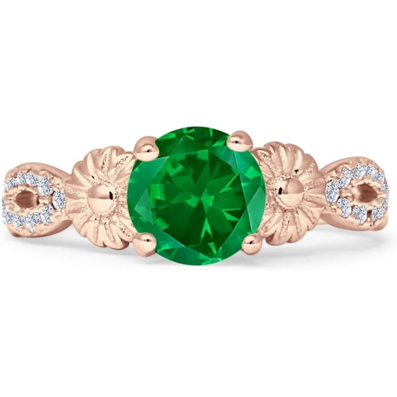 Vintage Style Sunflower Round Green Emerald Cubic Zirconia Rose Tone 925 Sterling Silver, Size 9