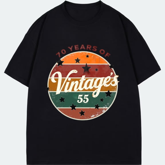 Vintage Style T Shirt Black 70 Years Of Vintage S 55 Retro Stripe Stars Design For Casual Wear