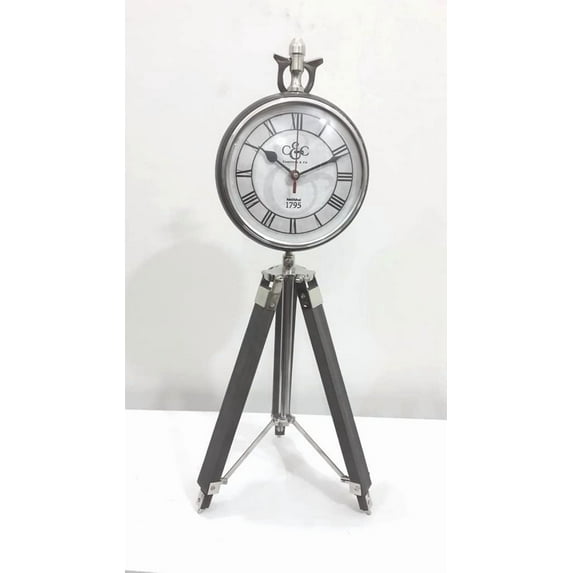 Vintage Style Table Top Desk CHROME Clock Collectible Watch Decorative With Wooden TRIPOD