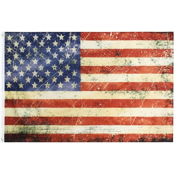 Vintage Style Tea Stained American US Flag 3x5 Foot Polyester Embroidered Stars and Sewn Stripes Old Antiqued USA Banner Flags