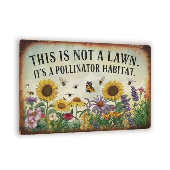 Vintage-Style "This Is Not a Lawn. It's a Pollinator Habitat" Metal Sign - Distressed Rustic Decor with Bees, Butterflies, and Flowers