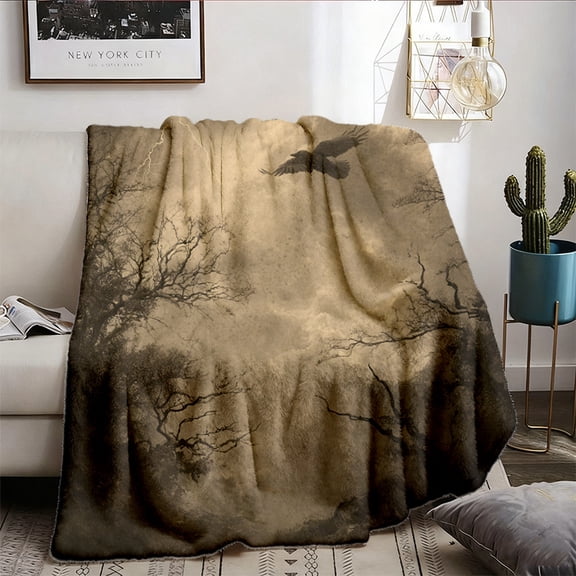 Vintage Style Thunder & Ravens Flying Over Bare Trees Blanket | Dark Atmosphere Design Throw, Cozy Soft Polyester Flannel, All-Season Use, Machine Washable, Multipurpose Decorative Bedding