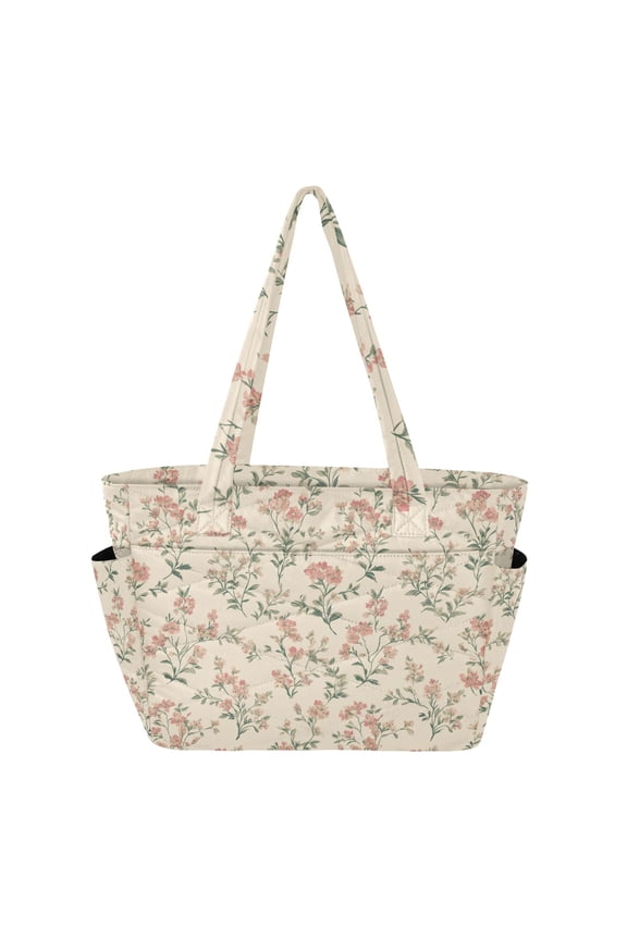 Vintage Style Tiny Pink Flowers Spring Women's Quilted Tote HandBag Beach Bag Shoulder Bag with Luggage Strap 18L for Commute Gym Travel