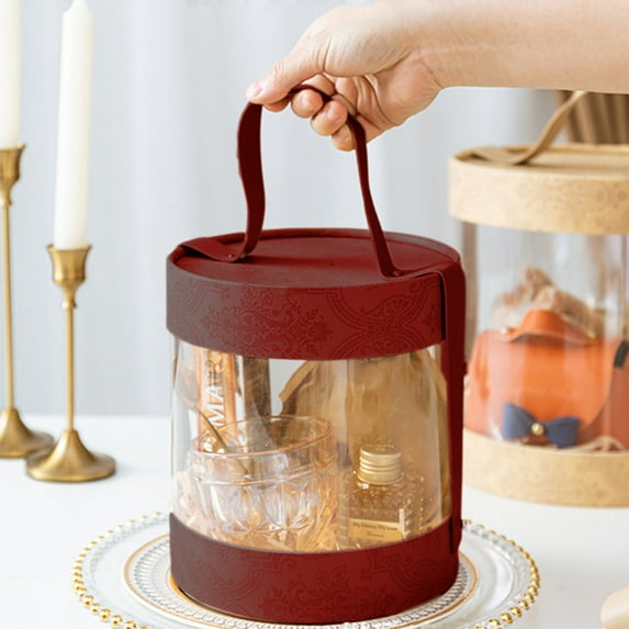 Vintage Style Transparent Candy Storage Box, Multifunctional Plastic Display Container, with Leather Handle for Easy Carrying, for Chocolate Dessert Organization, Gift Packaging Box, Red