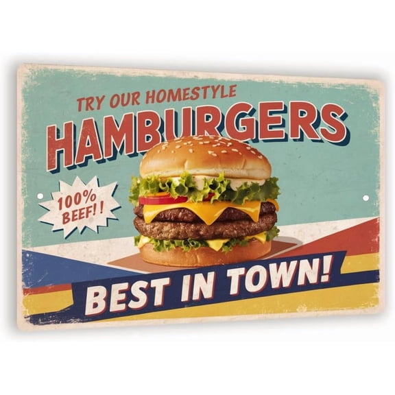 Vintage-Style "Try Our Homestyle Hamburgers" Advertisement - Retro Teal and Red Design with Juicy Burger Illustration 8x12